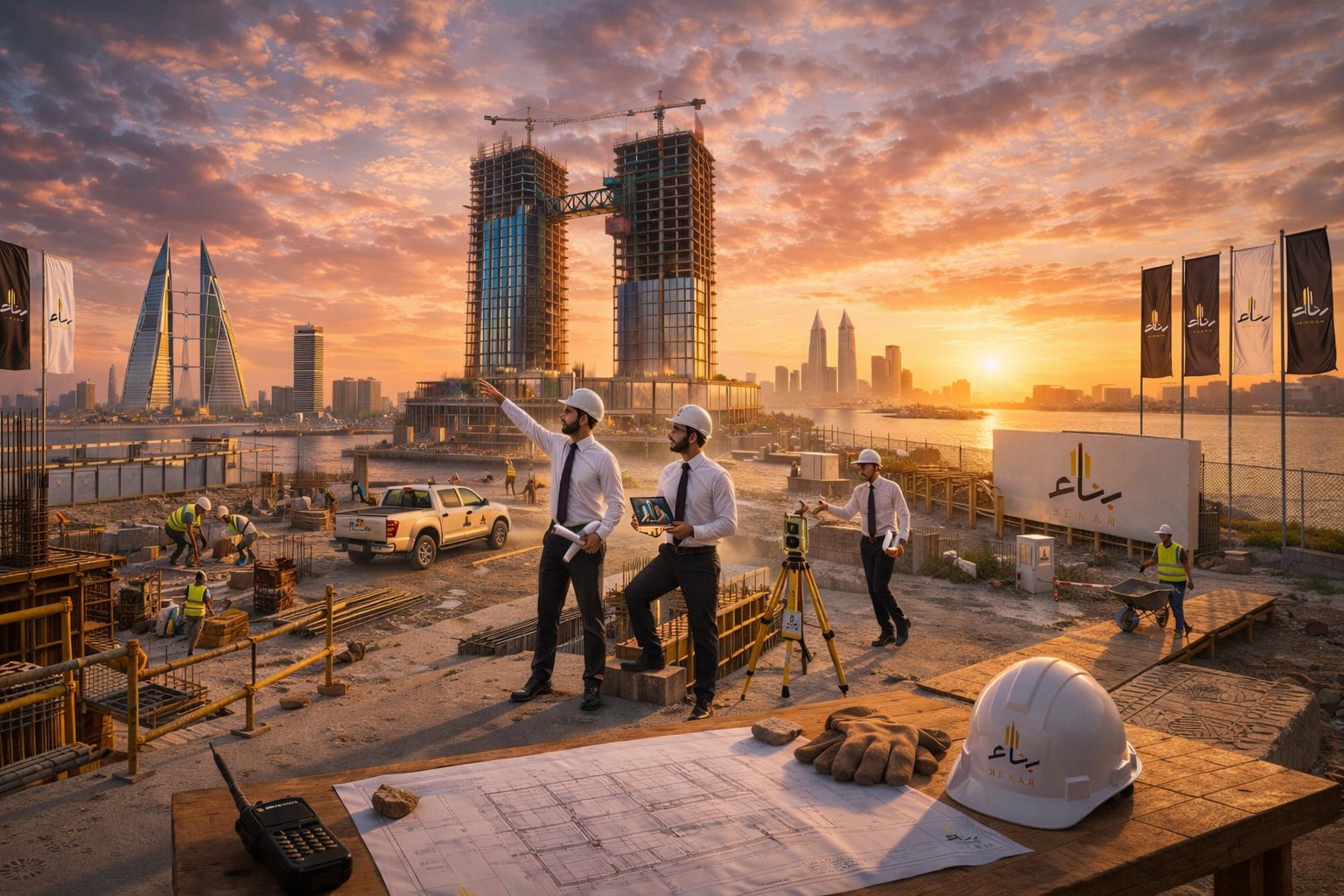 Benaa Contracting — construction site with Bahrain skyline