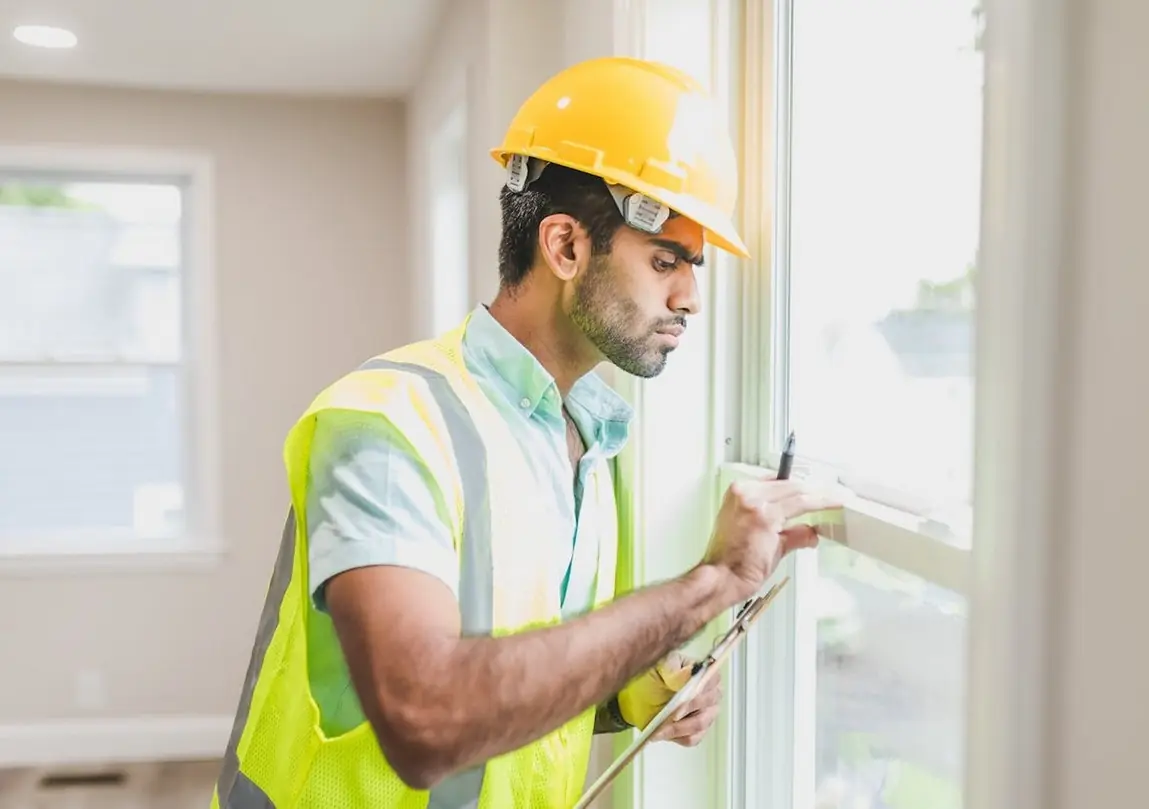 An inspector in a hard hat and safety vest checking a window frame with a clipboard