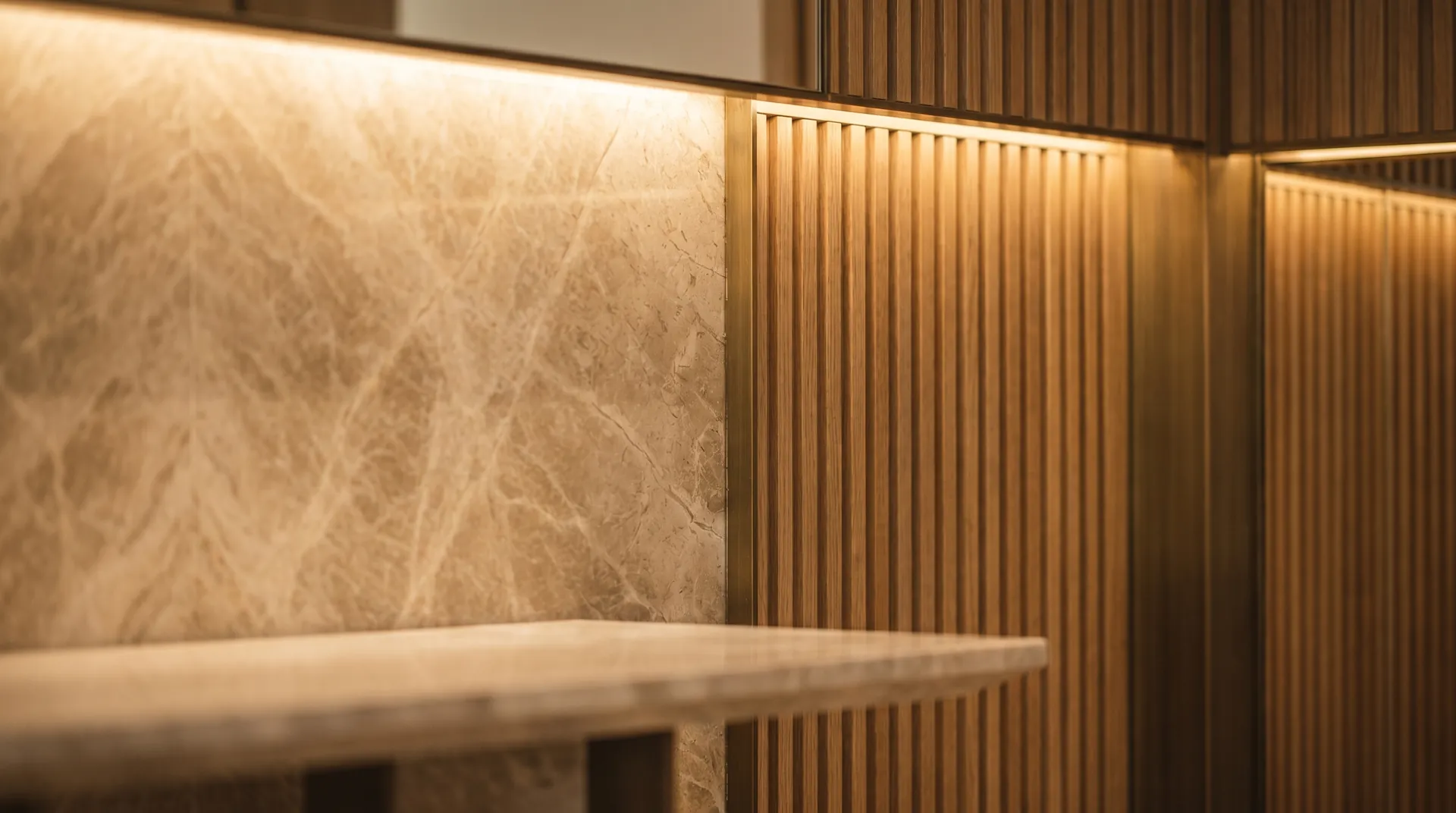 Marble wall and fluted timber panelling in a finished villa interior
