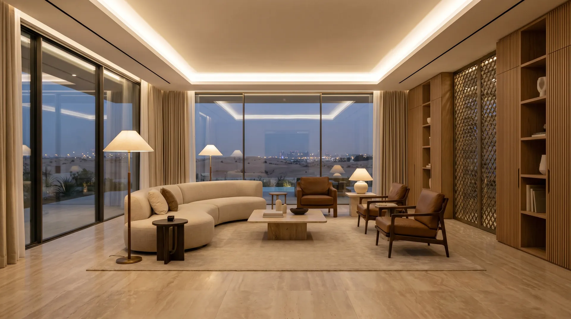 Finished villa living room with a lit cove ceiling, painted walls and stone flooring