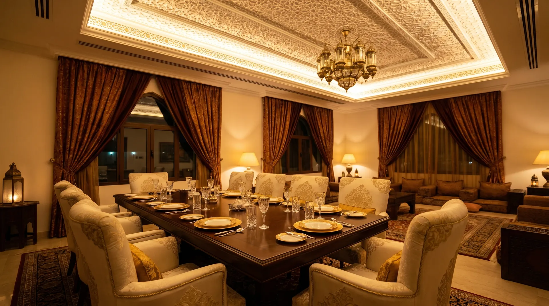 Finished villa dining room beneath a decorative gypsum ceiling