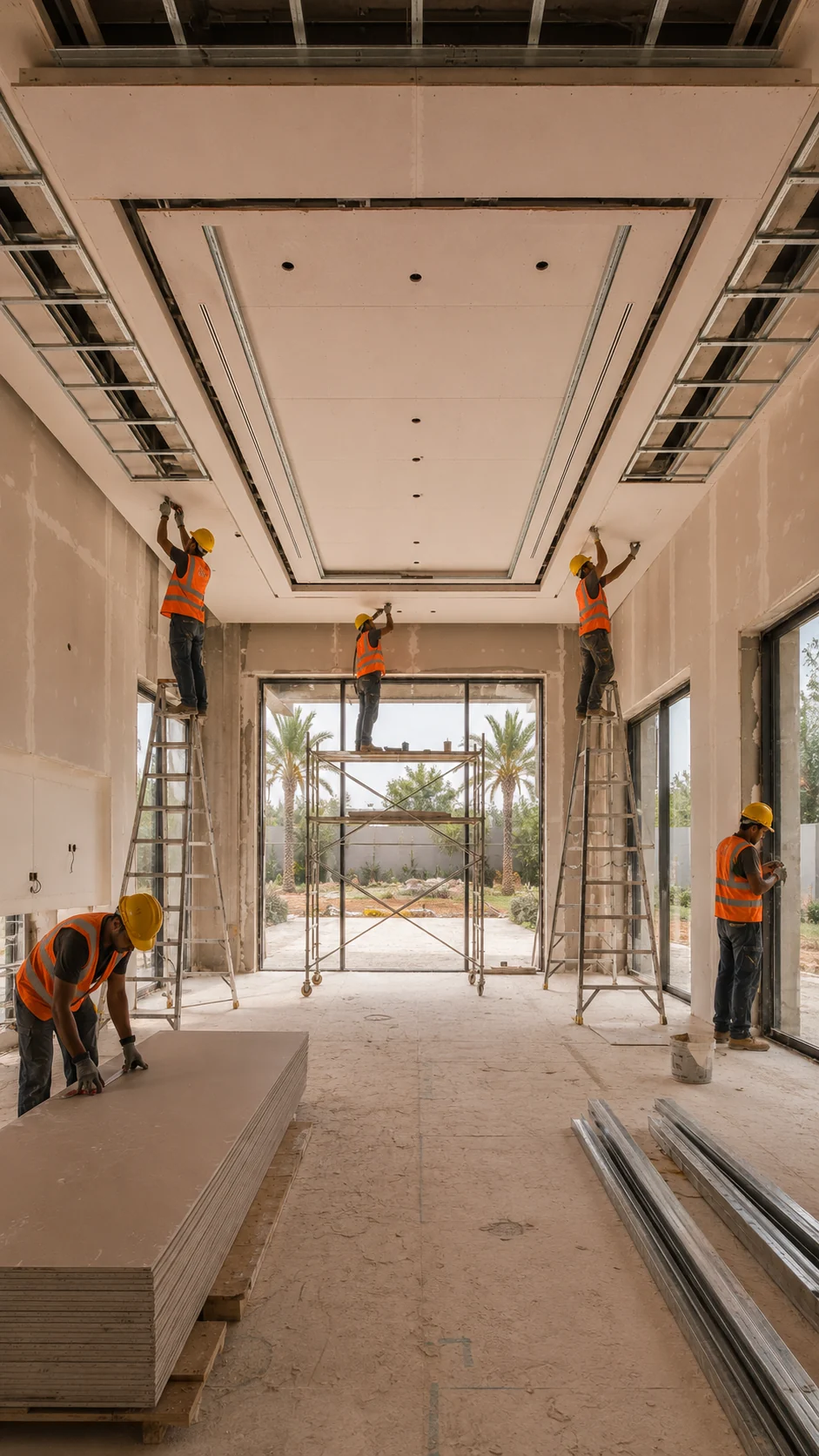 Gypsum board ceiling being installed by a crew on ladders and scaffolding in a villa