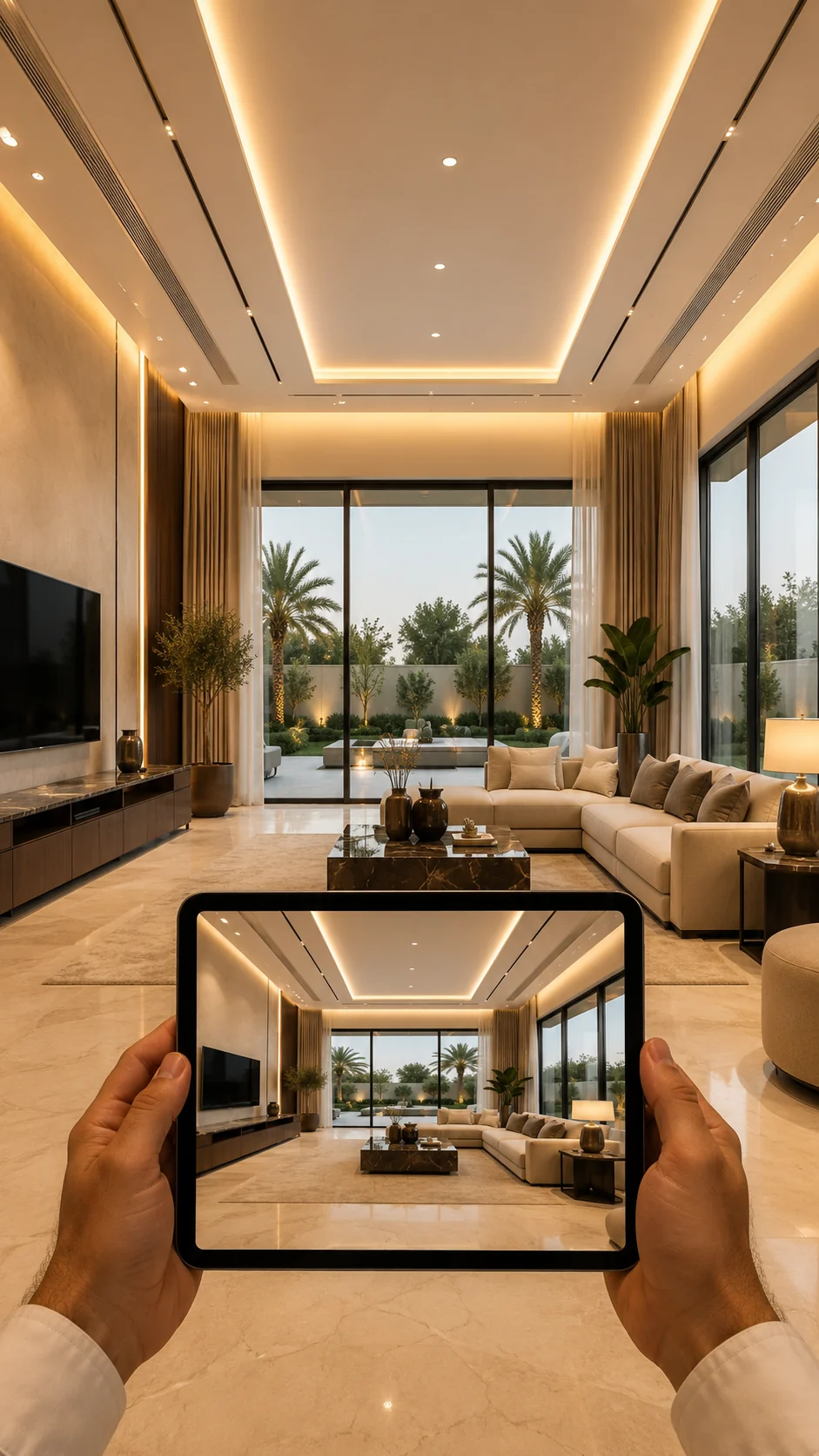 Design render on a tablet compared against the finished villa living room at handover