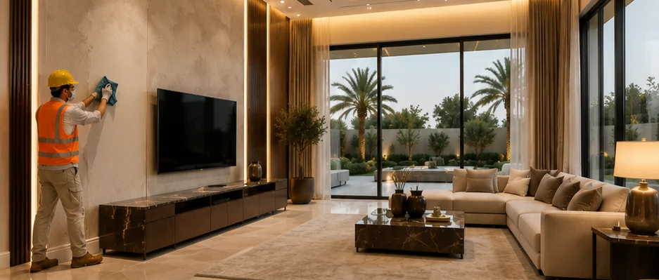 Decorator preparing a living-room wall for painting in a finished villa