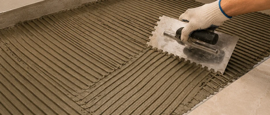 Tile adhesive being combed out with a notched trowel before tiles are laid