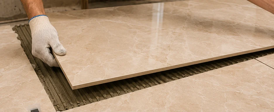 Large marble-effect tile being laid onto a combed adhesive bed